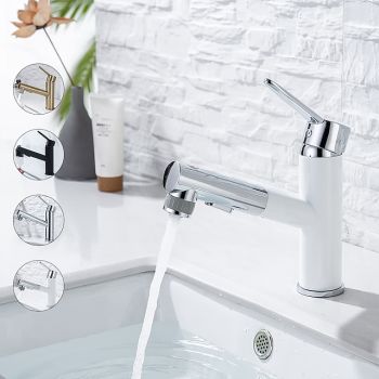Bathroom Sink Mixer Faucet Pull Out Sprayer 2 Mode Spout with Stop Button, Single Handle Washroom Basin Taps Mono with Cold and Hot Hose Chrome Black Golden ultimate flexibility