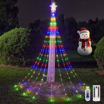 2M-200Leds Christmas Tree Light String with Pentagram Top Light, Powered by USB Remote Control for Controlling Indoor and Outdoor Decoration