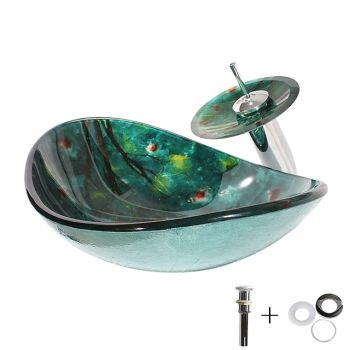 Art Tempered Glass Wash Basin with Chrome Faucet Finish,Rectangular Sink Shape Bathroom Faucet Washbasin Art