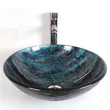 Contemporary Bathroom Sink Set,Tempered Glass Round Sink,Chrome Zinc Alloy Mounting Ring,Brass Bathroom Faucet Washbasin Art