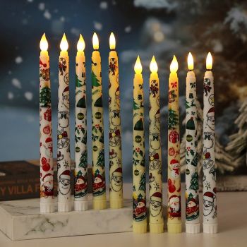 Christmas Colored Pattern Flameless Taper Candles Battery Operated with Remote and Timer 3D Wick Flickering LED Taper Candles Santa Snowman Christmas Tree Decal Holiday Decor (6PCS 0.79''x 9.9'')