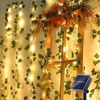Elegant Wedding Party Reception 2M Solar LED Fairy String Lights – 8 Modes Warm White IP65 Waterproof Ivy Leaf Hanging Lights for Yard, Wall Decor