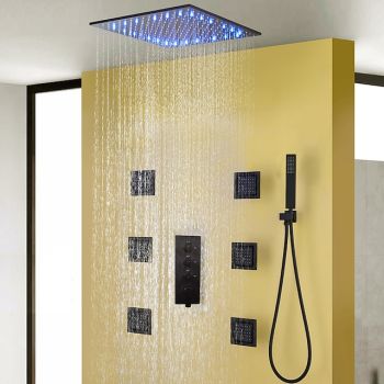 Shower Faucet,Contemporary Black Bath Shower Faucet Set / 16 Inch Bathroom Rain LED Shower Head / Hot And Cold Mixer Valve / Brass Hand Shower Included Foundation of a Perfect Shower