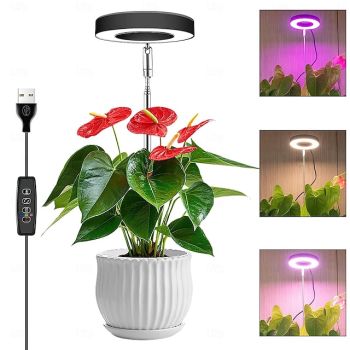 Grow Light Full Spectrum LED Plant Light for Indoor Plants Growing Lamp 10 Dimmable Brightness Auto Timer Black Stand Height Adjustable Halo Light for Succulents Herbs Foliage in Home