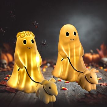 1 Pc Halloween 25cm Cute Ghost Leading Lamb USB Light Indoor and Outdoor Courtyard Bedroom Restaurant Atmosphere Decoration Resin Ornament Light