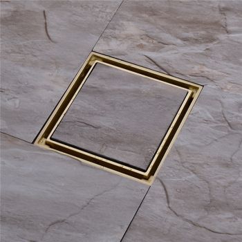 4 inch Shower Floor Drain Square, Removable Brass Flange Reversible 2-in-1 Cover Tile Insert Grate, Hair Catcher Strainer Black Chrome Golden Bathroom Accessories