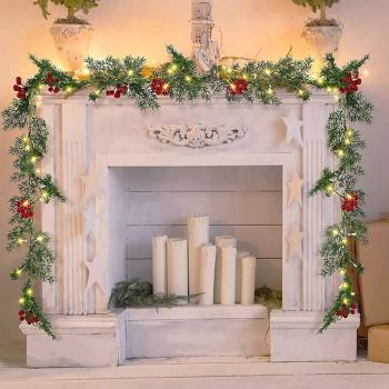 Christmas LED Red Fruit Cane Garland Lights Simulation Pine Branch Fairy Leaf String Light 1.8m 20LED Battery Powered Xmas Wedding Party Holiday Garden Home Decoration