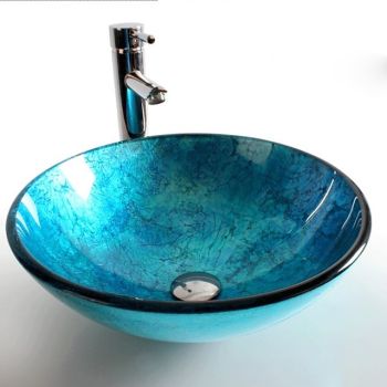 Round Artistic Vanity Basin Sink Bathroom Vessel Tempered Glass Bowl 16.5 inch, Art Wash Basin Mixer Faucet Set with Pop-up Drain, Boat Shape Countertop Above Counter Washroom Washbasin Art