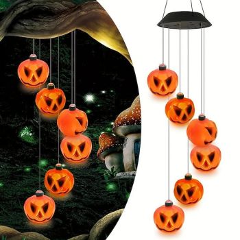 Halloween Lights Solar Wind Chimes Color Changing Jack O Lantern Outdoor Halloween Decorations With 6 Pumpkin Lights, Waterproof Thanksgiving Fall Decor for Tree Door Window Party Yard Decoration