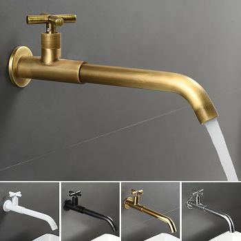Wall Mounted Bathroom Sink Faucet, Brass Constructed Single Handle One Hole Long Reversible Spout Bath Mixer Taps for Bathroom Sink Tall Vessel in Black Chrome Antique Brass Silver Top Quality