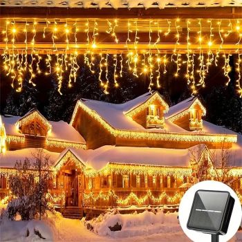 1pc LED Solar Icicle String Light, 4M-96Leds 8 Modes, Waterproof Curtain Icicle Light Fairy String Christmas Light, Roof, Commercial Street Decoration