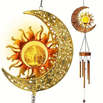 Solar Wind Chimes  Outdoor Light Moon Sun Star Lamp Wrought Iron Sun Lawn Flood Light Patio Outdoor Garden Decoration Waterproof Warm White Light
