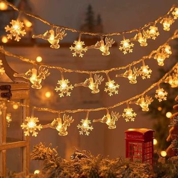 Christmas LED Snowflake Elk Star Fairy String Lights 10/20/40LEDs New Year Wedding Garland Lights Battery Powered for Holiday Party Atmosphere Decoration