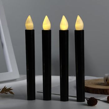 4 Packs Black Flemeless LED Taper Candles Flickering Light Real Wax Halloween Theme Party Decoration LED Candlestick