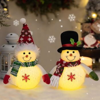Lighted Christmas Snowman Plush Figurine, LED Tabletop Window Decoration for Indoor Holiday Decor, Winter Xmas Home Kitchen Party Accent