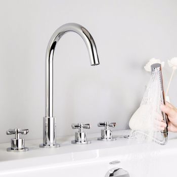 Bathtub Faucet 5 Hole Bathroom Tub Taps Deck Mounted, 3 Handle Sink Mixer Hot and Cold Bathroom Shower Faucets with Handshower Handheld Tap Durable Bathtub Faucet