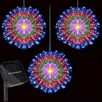 1pc Solar Firework Lights Solar Panel With 3pcs Hanging 270LEDs Starburst Lights Copper Wire Outdoor Waterproof Lights 8 Lighting Modes Fairy Decorative String Lights for Patio Umbrella, Eave, Garden