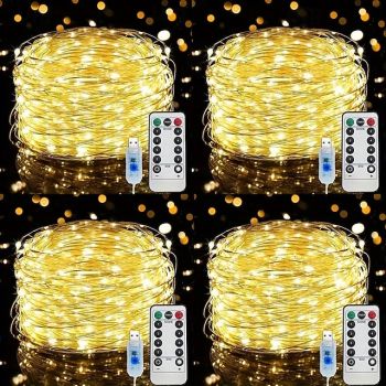 4 Pcs 10M/33FT 100 LED Beams Fairy String Lights Halloween Christmas Valentine's Day Wedding Party Indoor and Outdoor Copper Wire Light String USB Plug in 8 Function Remote Control IP44 Waterproof