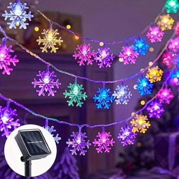 Solar Snowflake String Lights Outdoor Garden Star Fairy Lights Waterproof Festival Wedding Holiday Romantic Double Lights 8 Lighting Modes 100/200LEDs for Christmas Bedroom Courtyard Garden Window Decoration