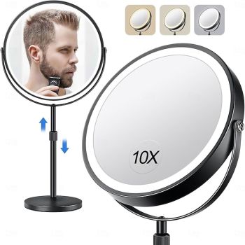 8-in 20cm Illuminated Makeup Mirror Light Magnifying 10x with Three Tone Light and Adjustable Height Suitable for Office desks Rechargeable 360  Rotating Double-sided LED Makeup Mirror