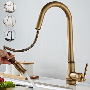 Pull Out Kitchen Faucet Sink Mixer with Sprayer, Antique 360° Swivel Single Handle One Hole Pull Down Kitchen Vessel Tap Deck Mounted, with Hot and Cold Water Hose Pull Down Kitchen Faucets