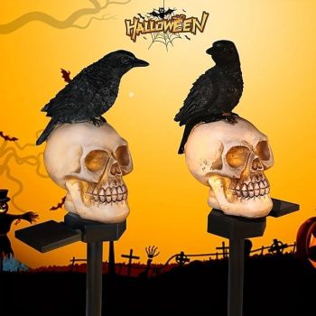 Halloween Outdoor Solar Garden Lights Resin Garden Landscape Insert Skull Crow Atmosphere Decorative Lights Waterproof Halloween Patio Lawn Decoration