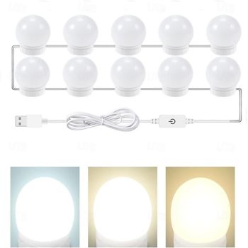 LED Vanity Lights for Mirror Vanity Lights Stick on with 10 Dimmable Bulbs 3000K 4000K 6500K  3 Color Modes Dimmable Brightness USB Cable Stick up for Dressing Table Bathroom Body Wall Mirror Ligh