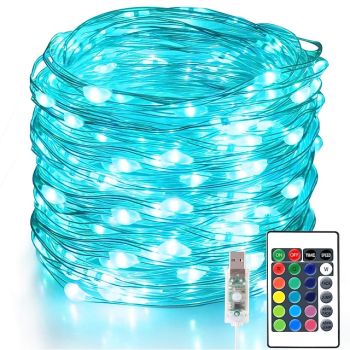 Fairy Lights 100 LED 33 FT Christmas Lights USB Plug 16 Colors Changing Silver Wire Firefly Lights with IR24 Key Remote Control for Indoor Party Halloween Christmas
