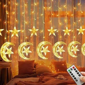 Ramadan Star & Moon Curtain String Lights - 3.5m 138 LEDs USB Powered with Remote Control, 8 Modes for Home & Party Decor