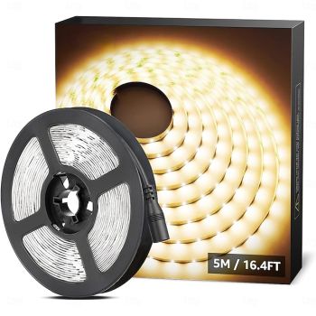 12V LED Light Strip 16.6 ft (5M) SMD 2835, DC 5.5 x 2.1mm Connector, Tape Light for Home, Kitchen, Party, Christmas (Power Adapter Not Included)