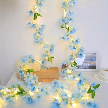 Elegant Wedding Party Reception Flower String Lights – Blue 6-Petal Floral Vine Battery Operated Fairy Lights for Bedroom Seasonal Home Decor