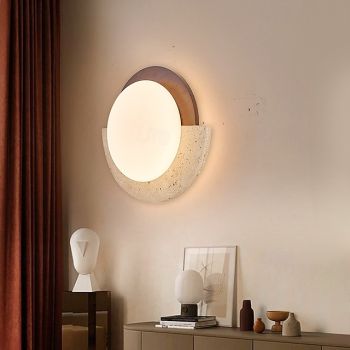 Wabi-sabi Yellow Limestone Wall lamp Milky White Glass Lampshade Natural Stone Wall lamp Indoor Retro Circular Marble Wall Lamp 110-240V 20W