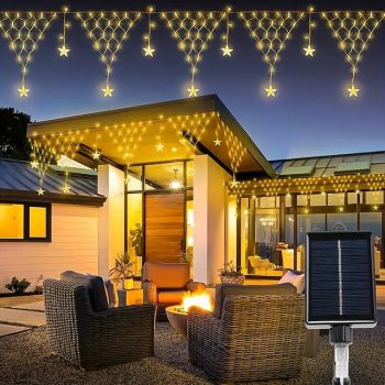 Solar Power Net String Lights with Star Icicles, 8 Lighting Modes Christmas Fairy Lights with Remote Control for ChristmasOutdoor Eaves House Garden & Xmas Party Decoration