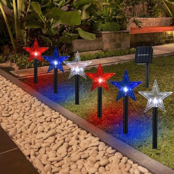 1 Pc. Outdoor Solar Patriotic Pathway Lights Waterproof Red, White, Blue Five Pointed Star Ground Mounted Light July 4th Independence Day Courtyard Garden Lawn Party Patriotic Festival Atmosphere
