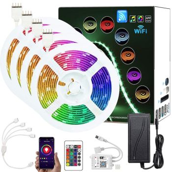 65.6ft (4x5M) Smart App Control LED Strip Lights WIFI 5050 RGB 360 LEDs Work with Alexa Google with Adapter Kit DC12V