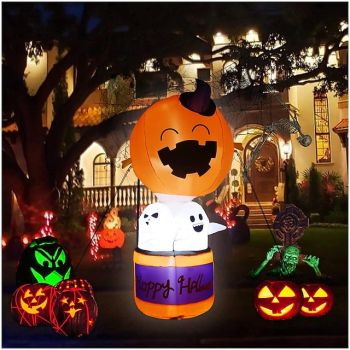182 cm High Halloween Inflatable Pumpkin Hot Air Balloon Ghost Decorations with LED Light Halloween Indoor Outdoor Garden Decoration