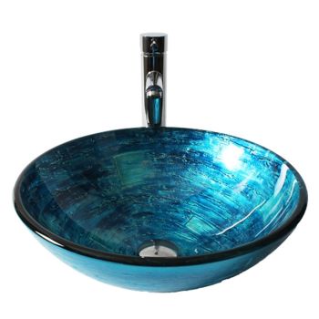Blue Round Chrome Tempered Glass Glass Basin with Straight Tube Faucet, Basin Support and Drain Washbasin Art