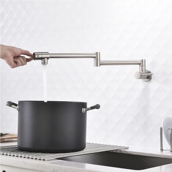 Pot Filler Kitchen Faucet Brushed Nickel, Foldable Sink Only Cold Water Taps, Wall Mount Brass Folding Fill Pot Kitchen Tap Double Joint Swing Arm Single Hole 2 Handle  Pot Filler