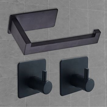 Toilet Paper Holder and 2 Wall Hooks Sets,No Drilling Self-Adhesive Toilet Roll Holder&Robe Hooks Stainless Steel Toilet Roll Holder Toilet Roll Holder Paper Holder for Kitchen and Bathroom BlackBath Hardware
