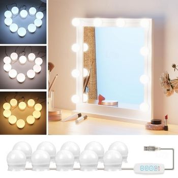 LED String Lights for Mirror Hollywood Style Vanity Lights with 10 bulbs 20 bulbs USB 3 Color Modes Dimmable Makeup Table Light for Dressing Room Bathroom