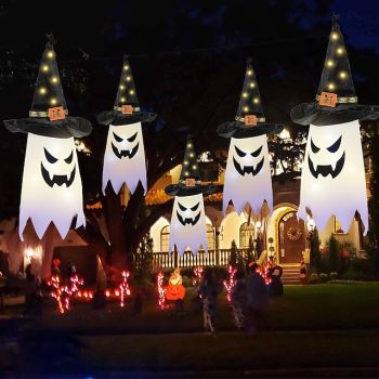 Halloween Lighted Ghost Witch Hat Decorations Hanging Outdoor Ornaments Halloween Decor for Party Indoor Outdoor Home Tree Garden Yard