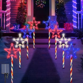 1 Pc 6 Led Outdoor Solar Pathway Lights Waterproof Red, White, Blue Five Pointed Star Ground Plug Light, July 4th, Usa Independence Day, Courtyard Garden Path Party Patriotic Atmosphere