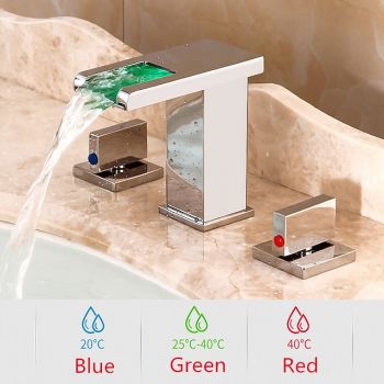 Widespread Bathroom Faucet Waterfall Sink Mixer Basin Taps LED 3 Color with Temperature, Brass 3 Hole 2 Handle Deck Mounted, Washroom  Vessel Water Tap with Hot and Cold HoseSmart Faucet