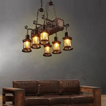 55cm LED Long Retro Strip Wooden Chandelier With Glass Shade Rope 6 Heads Pendant Light Warm White Lights Decorative Lighting Fixture Retro Rustic Antique Ceiling Lamp AC110V AC220V