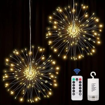 1/2 Pcs Firework Lights 200 LED Copper Wire Starburst Light, 8 Modes Battery Operated Fairy Star Sphere Lights With Remote, Warm White Hanging Ceiling Decorations For Bedroom, Christmas, Party