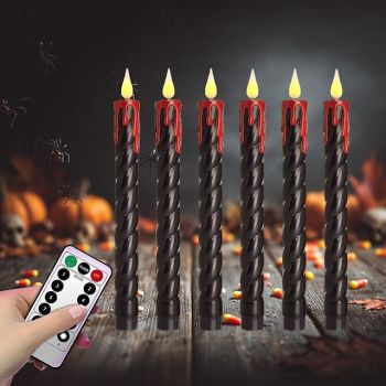 6 Pcs 25Cm Halloween Thread Black Rod Flowing Red Tears Simulation Electronic Candle Light Timer Remote Control AA Battery Indoor and Outdoor Party Atmosphere Decorative Light