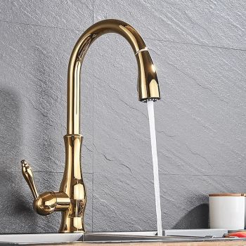 Kitchen Faucet with Pull-out Spray,Brass 2-modes Single Handle One Hole Modern Style Kitchen Taps with Hot and Cold Switch Pull Down Kitchen Faucets