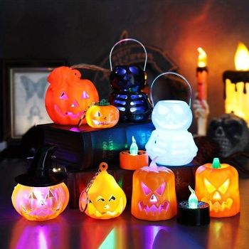 Halloween DecorationJack O Lantern Electronic Candle Light, Portable Candlestick Night Light, Ghost Festival Decoration, Props Atmosphere Layout, Suitable for Autumn Thanksgiving Table Decoration