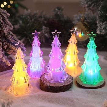 1 Pc 12.5 * 6CM Christmas Acrylic LED with Light Christmas Tree Night Light Indoor and Outdoor Party Desktop Decoration Ornament Light Colorful Warm Light AG10 * 3 Batteries