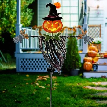 Solar 41Inch Solar Halloween Decorations Yard Stake Solar Powered Outdoor Lighted Metal Pumpkin Scarecrow Stake Light Up Pumpkin Lantern Yard Sign for Autumn Haunted House Figurine Party Decor